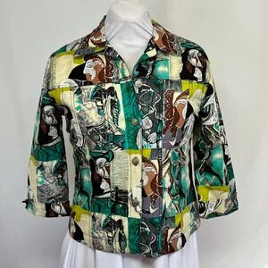 Kaktus Abstract Art Print Jacket Women's M/L Green Teal Button Front Linen Blend